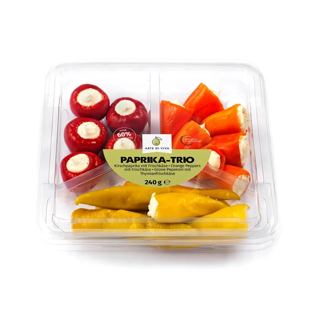 Paprika-Trio Kirschpaprika mit Frischkäse + Orange Peppers mit Frischkäse + Grüne Peperoni mit Thymianfrischkäse