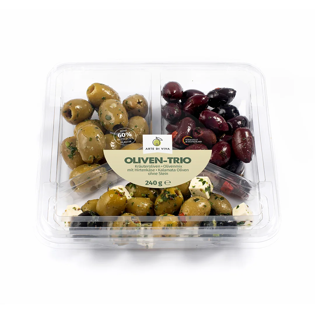 Oliven-Trio Kräuteroliven + Olivenmix mit Hirtenkäse + Kalamata Oliven ohne Stein