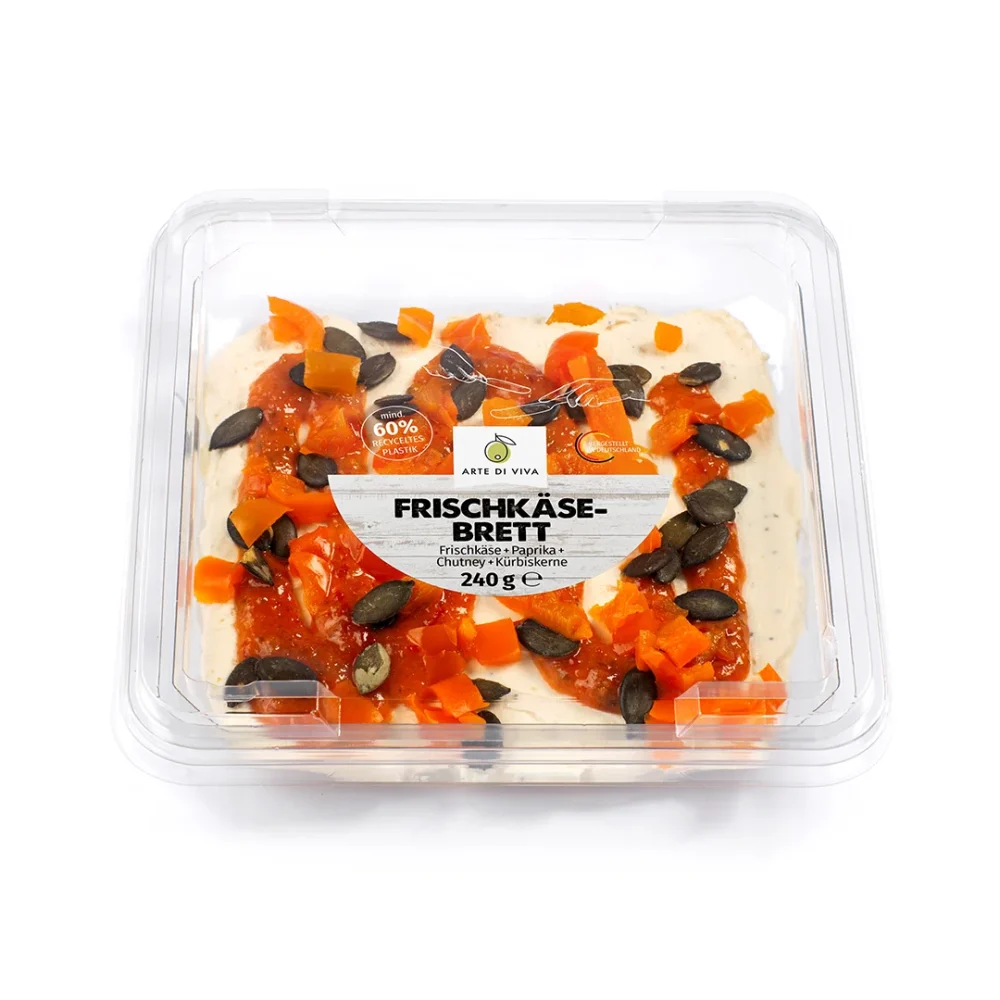Frischkäsebrett Frischkäse + Paprika + Chutney + Kürbiskerne